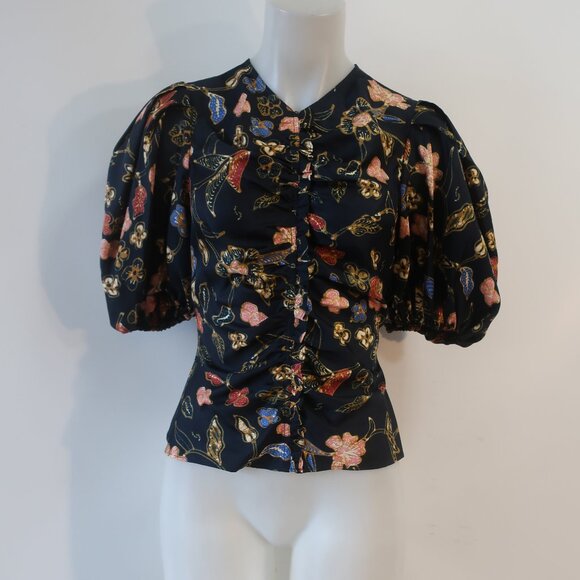 Womens Ulla Johnson 100% Silk Black, Multi Design Shirred Short Sleeve Top XS - Picture 2 of 10